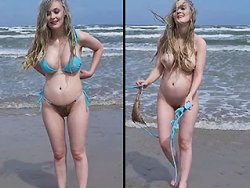 Enceinte, exhibition - Une blonde enceinte exhibe ses seins et sa chatte sur la plage